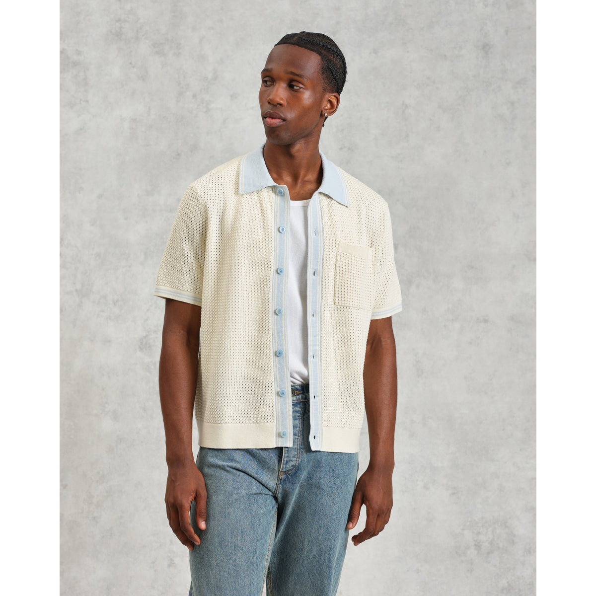 BELLE SS SHIRT TIPPED POINTELLE ecru / pale blue | Bildmaterial bereitgestellt von SHOES.PLEASE.