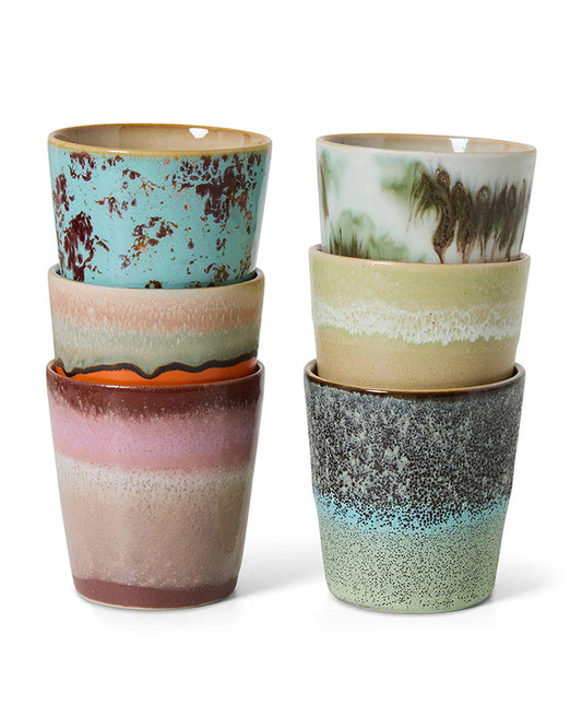 70s ceramics: coffee mugs, surreal (set of 6) multicolour