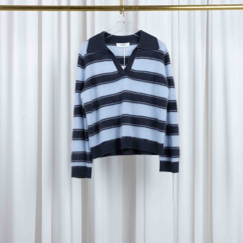Polo Hals Dames Trui Merino Wol Cashmere Resort Blauw Strepen blue stripes
